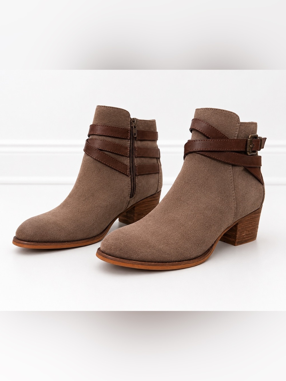 Denver Hayes Taupe Suede Ankle Boots with Wrap Strap